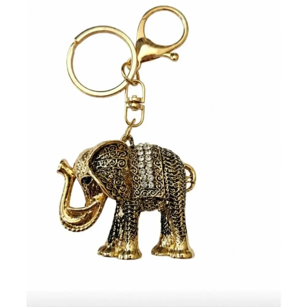Gold Antique Rhinestone Elephant Bag Charm Key Chain